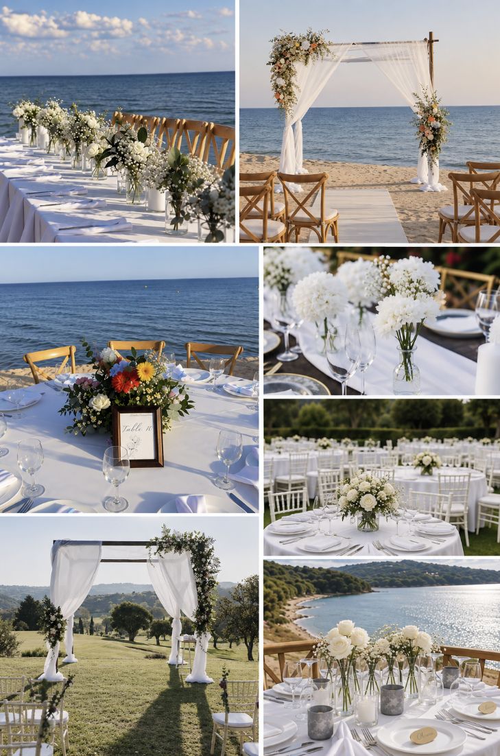 Collage of wedding table and ceremony arch designs by the sea and in gardens