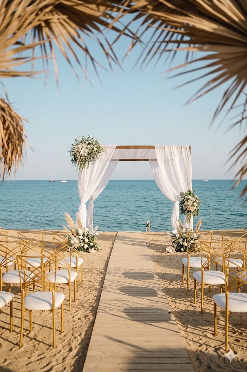 Beach wedding ceremony with a white arch facing the sea